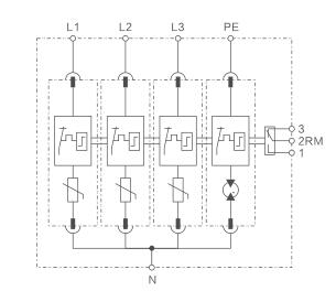 WR-T2T3 3P + NPE，带有GDT避雷器的三相SPD电路图